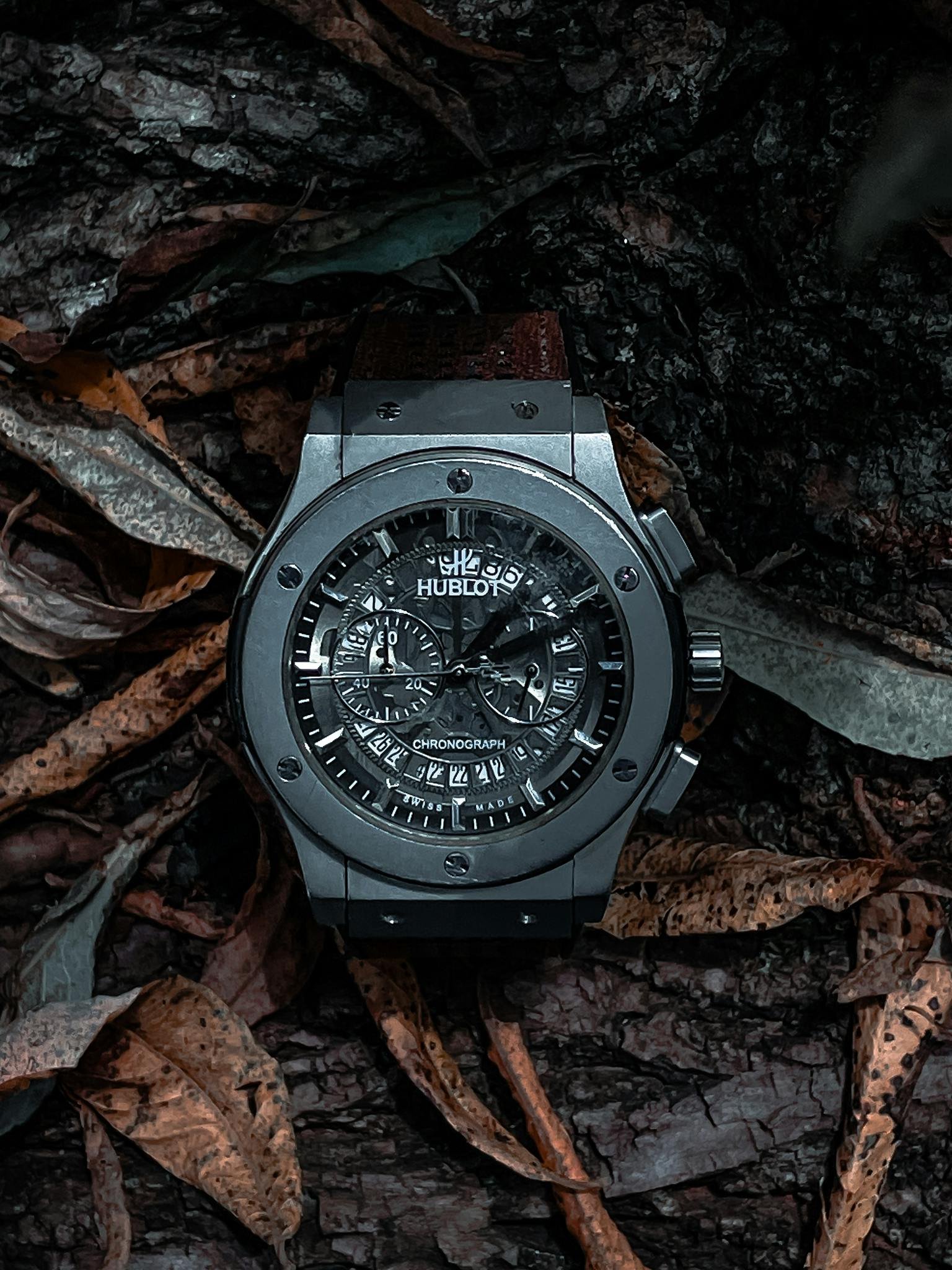Elegant Hublot watch elegantly placed on rustic autumn leaves, showcasing intricate design and luxury.